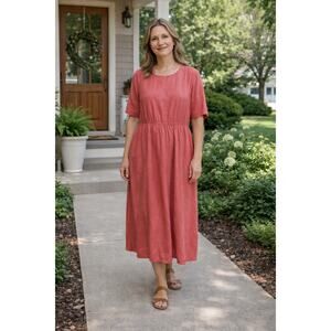 Vintage Karin Stevens KSL Rayon Dress 1X Fit Midi Maxi Modest Minimalist Peach